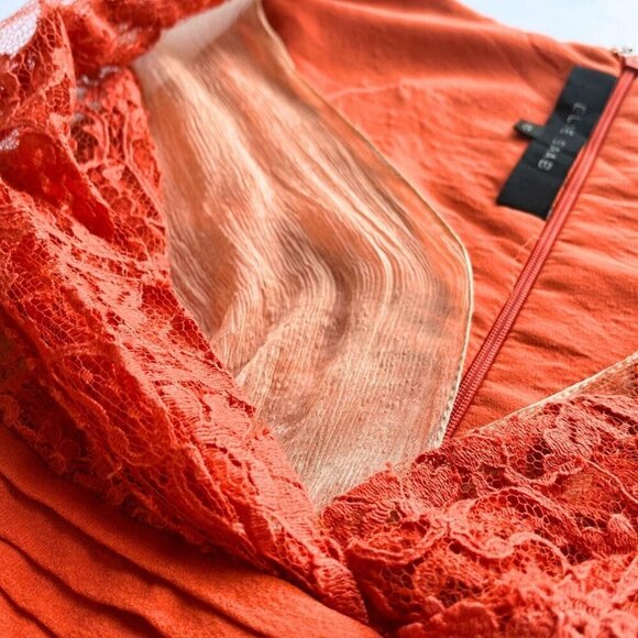 ELIE SAAB ORANGE SILK BLEND SLEEVELESS LACE PLEATED MIDI A-LINE DRESS - 8 (40) - Picture 10 of 12